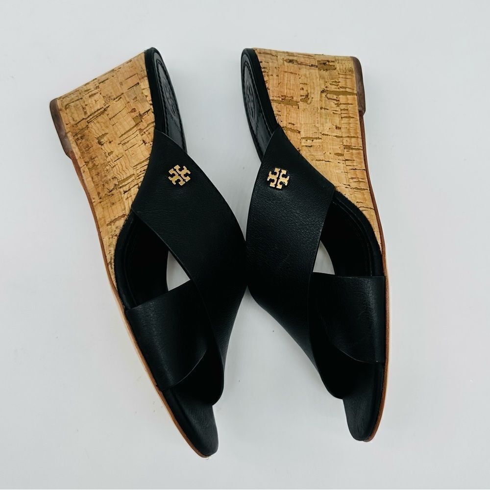 Tory Burch Crossover Sandal Wedge Slide Calf Leather Cork Heel Comfy Black